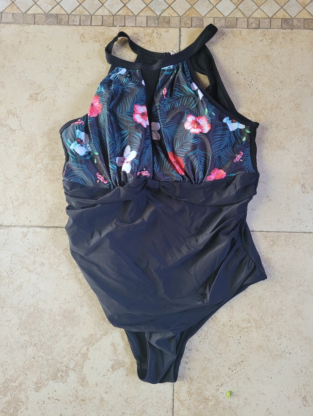 Women’s Black Floral High-Neck One-Piece Swimsuit